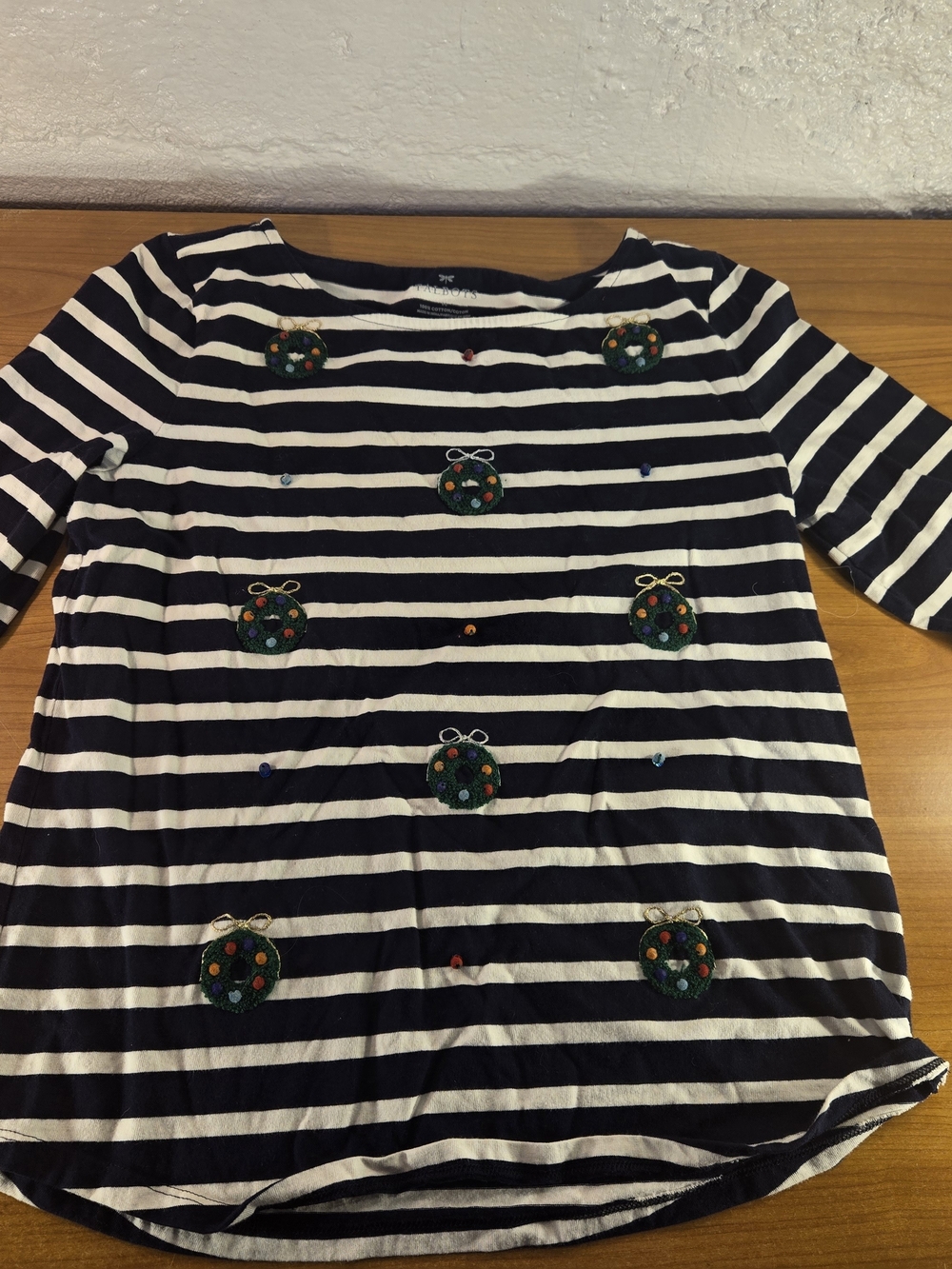 TALBOTS Christmas Shirt Medium M Navy Stripe Pom Pom Wreath Beaded Holiday Tee